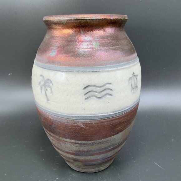 SuperValu 2006 Hand Made Raku Pottery Vase Vessel Iridescent Glaze Signed VTG - Picture 15 of 16